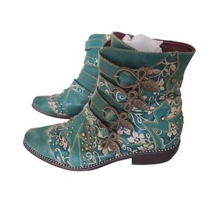 L'Artiste Rodeha Teal Floral Embroidered Leather Ankle Boots 38 Art To Wear Boho